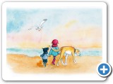 Worzel and his humans walking along the beach in  "Worzel goes for a walk" published September 2018
